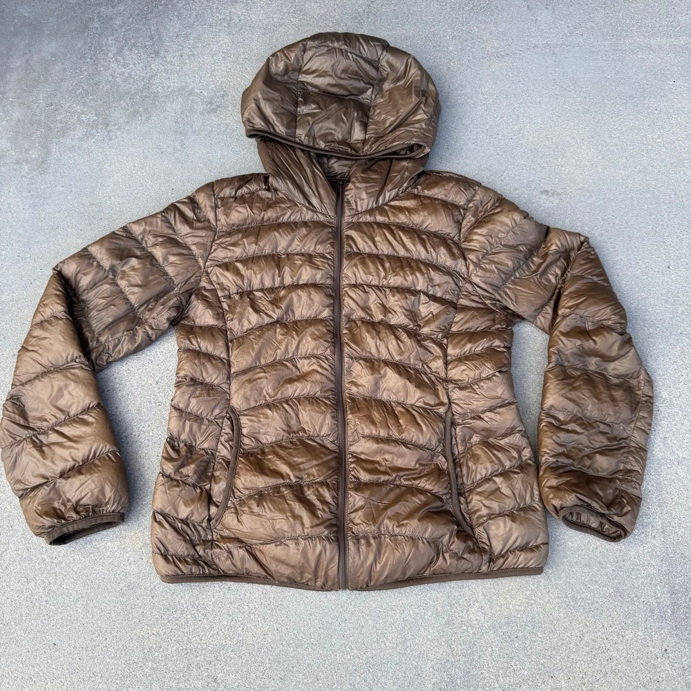 Uniqlo Ultra Light Down Hooded Jacket Women Large Brown Bronze Puffer Full Zip